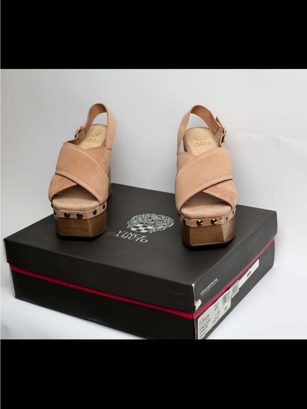Vince Camuto Women’s Nude Suede Platform Sandals with Studded Wood Heel